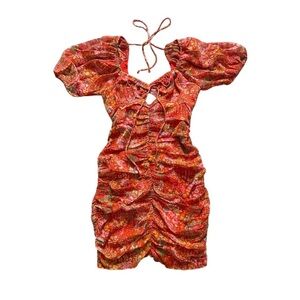 Sky to Moon Dress - Women S Red Floral Ruched Puff Sleeve Mini